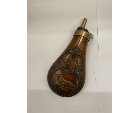 A BRASS AND COPPER POWDER FLASK