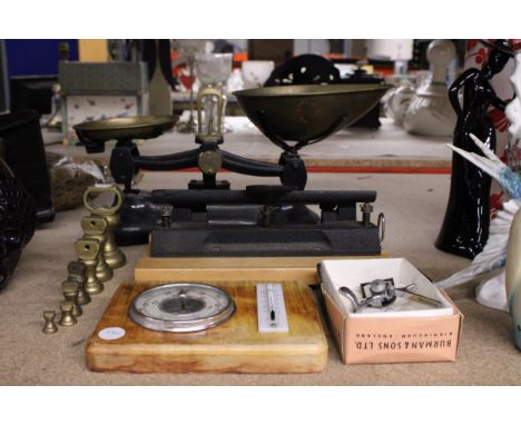 A SET OF VINTAGE CAST SCALES WITH WEIGHTS, BAROMETER, BURMAN CLIPPER, ETC