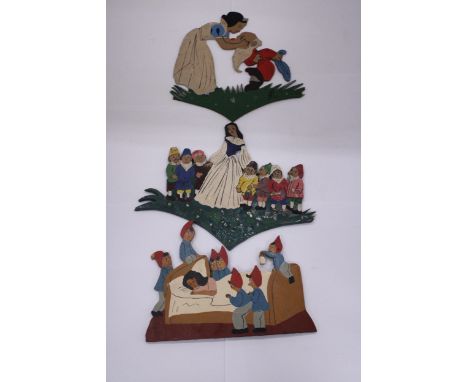 THREE VINTAGE WOODEN 'SNOW WHITE AND THE SEVEN DWARVES' PLAQUES
