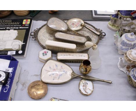 A VINTAGE PETIT POINT EMBROIDERED DRESSING TABLE SET TOGETHER WITH A BOHEMIAN CZECH HANDPAINTED VASE, POWDER COMPACT, ETC.,