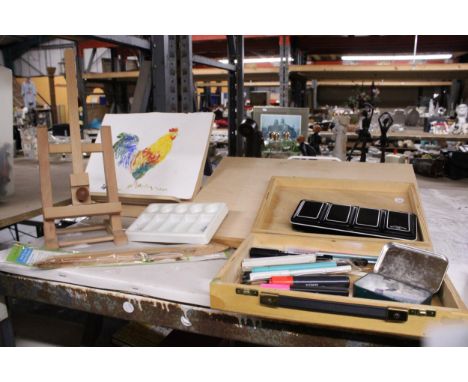 A MIXED LOT OF ART REATED ITEMS TO INCLUDE A MINIATURE EASEL, SCALE DIVDERS, TWO ART BOXES, A WATER COLOUR PICTURE OF A COCKE