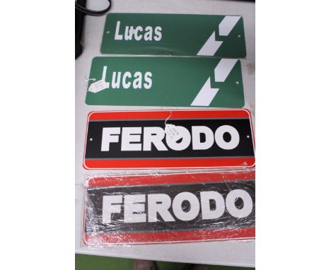 FOUR ALUMINIUM SIGNS TO INCLUDE TWO "LUCAS" AND TWO "FERODO"