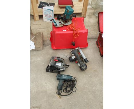 FOUR POWER TOOLS TO INCLUDE A BLACK AND DECKER ROUTER, A JIGSAW AND A CIRCULAR SAW ETC