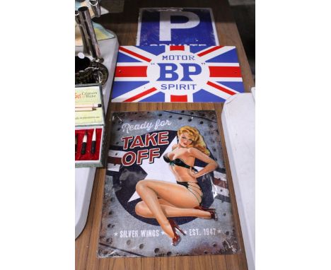 THREE TIN SIGNS TO INCLUDE MOTOR BP SPIRIT AND PRIVATE PARKING