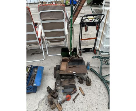 AN ASSORTMENT OF VINTAGE TOOL TO INCLUDE WOOD PLANES, BLOW TORCHES AND A TABLE SAW ETC
