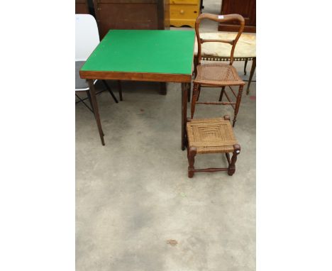 A FOLDING CARD TABLE, BEDROOM CHAIR AND SMALL STOOL