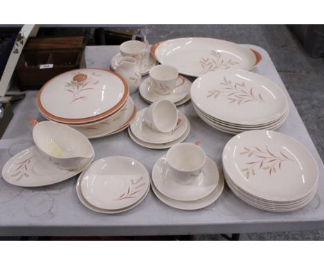 A ROYAL DOULTON MEADOW GLOW PART DINNER SERVICE TO INCLUDE TUREENS, DINNER PLATES, SERVING PLATTERS, JUG, TEA CUPS AND SAUCER