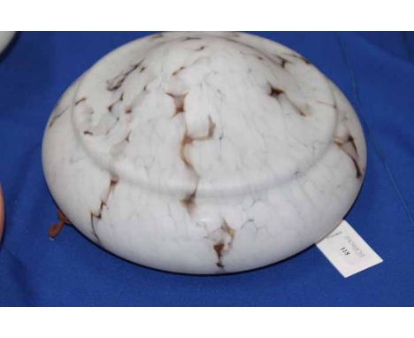 TWO CIRCA 1930s MOTTLED GLASS OVERHEAD LIGHT SHADES
the first 21.5cm diameter, the second 18.5cm diameter; together with anot