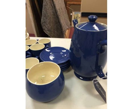 MOORCROFT PART COFFEE SERVICE
in powder blue, comprising teapot, six cups and saucers and a sugar bowl (no jug) 