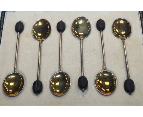 TWO SETS OF SIX BEAN TOP COFFEE SPOONS WITH ENAMEL BOWLS
(one set silver)