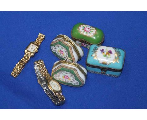 TWO LADY'S GOLD PLATED ROTARY WATCHES
together with four Limoges-style ceramic trinket boxes