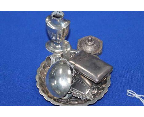 SMALL GROUP OF SILVER
including a dish, purse, wine labels, caddy spoon, vesta and a pepper pot