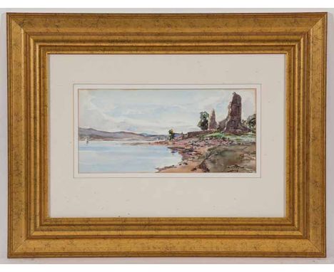 J R MAXTON,
COASTAL SCENE 
watercolour, signed 
17.5cm x 37cm
Mounted, framed and under glass
