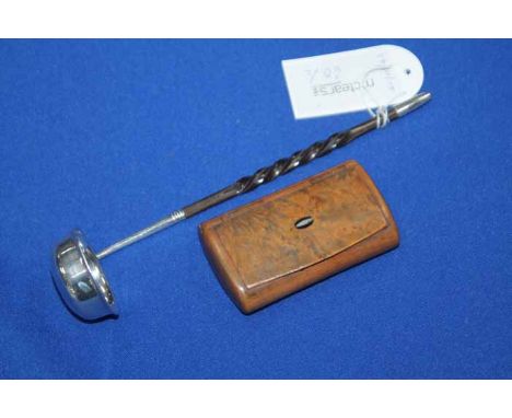 BURR WALNUT SNUFF BOX
the hinged lid inset with mother of pearl detail, 8cm long; together with a silver toddy ladle with twi