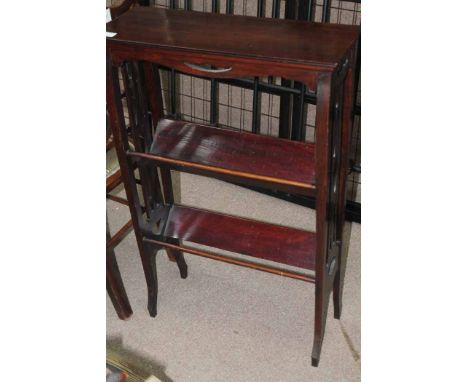 MAHOGANY THREE-TIER CAKE STAND
together with a line inlaid ladder-back chair, a mahogany book shelf, and a 19th century foots
