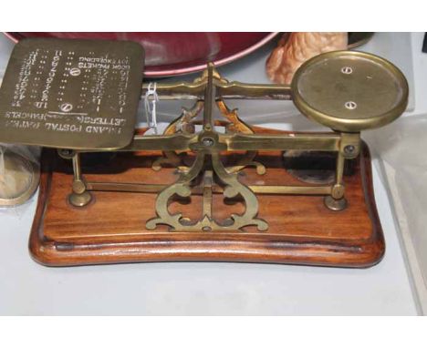 SET OF VICTORIAN BRASS AND MAHOGANY MOUNTED POSTAL SCALES
with weights, 25cm long 