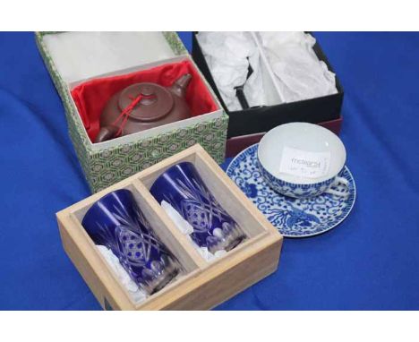 CHINESE BROWN POTTERY TEAPOT, IN CASE 
also a pair of lacquered goblets, a blue and white tea cup and a pair of ruby flashed 