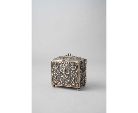 AN INDIAN SILVER TEA CADDYPOSSIBLY KUTCH, LATE 19TH CENTURYThe rectangular body and the hinged cover with repoussé roundels d