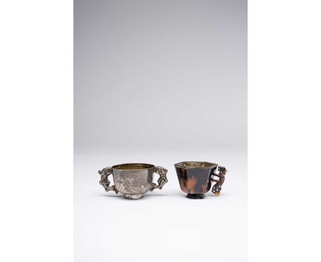 λ λ A CHINESE TWO-HANDLED SILVER CUP AND A TORTOISESHELL HEXAGONAL CUPKANGXI 1662-1722The silver cup with handles formed as m