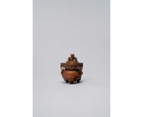 NO RESERVEA CHINESE BAMBOO MODEL OF A 'DRAGON' INCENSE BURNER AND COVER LATE QING DYNASTY  Decorated in high relief with a ch