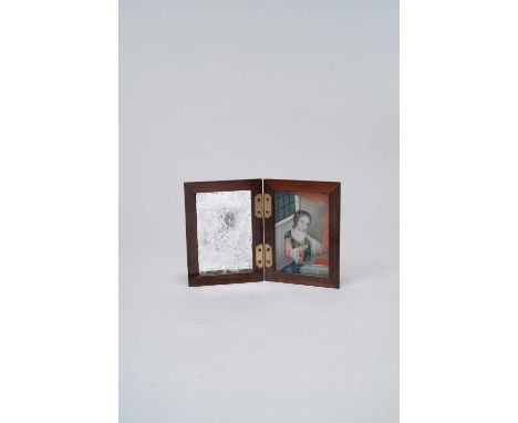 NO RESERVEA CHINESE TRAVELLING MIRROR WITH A 'EUROPEAN SUBJECT' REVERSE GLASS PAINTING QING DYNASTY  The hardwood cover carve