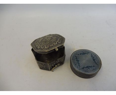A silver and enamel circular pill pot plus an octagonal white metal lidded pot. 