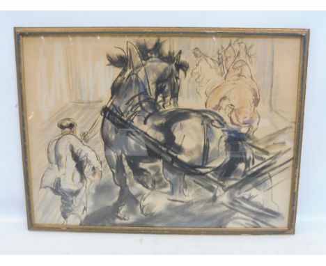 An unusual framed and glazed pastel/charcoal sketch of horses, in the manner of a war time scene, 25 1/2 x 19". 
