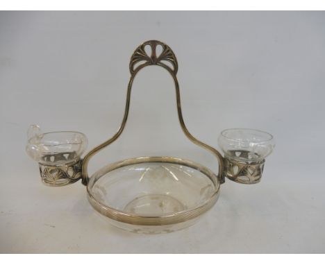 A WMF silver plated and glass strawberry bowl with an additional glass jug and bowl, all glass similarly etched with hearts.