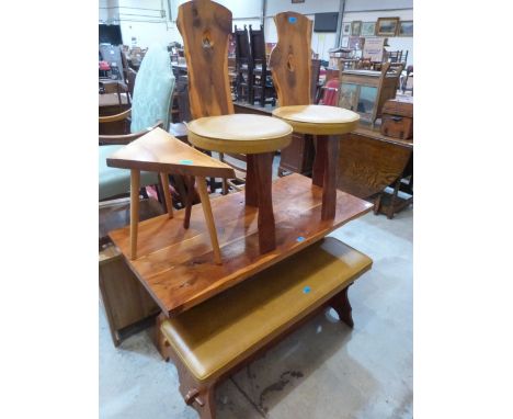 Reynolds of Ludlow. A 4' yew wood kitchen table, two chairs and a bench, together with an occasional table