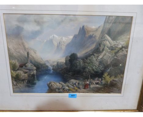 A lithograph in the manner of Edward Lear, Alpine landscape. 13½' x 20'