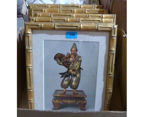 Six prints of examples of Meiji works of art in gilt faux bamboo frames