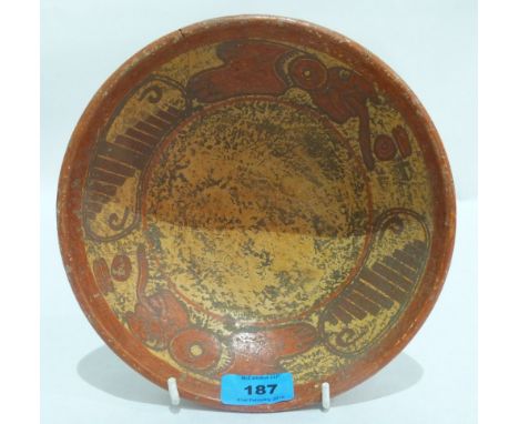 A pre-Columbian Mayan bowl, painted in shades of iron red. 15th century or earlier. 8' diam.