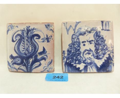Two William III blue and white Delftware Tiles, one with a portrait of the monarch. 3½ x 3½'