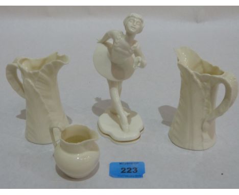 A Royal Worcester ballerina figure 'Soubrette' together with a pair of Royal Worcester white glazed leaf moulded jugs (one ch
