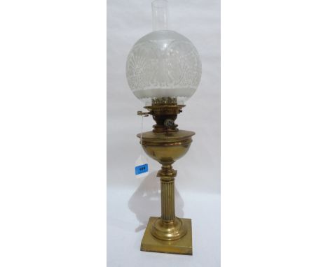 A Victorian brass oil lamp with Hinks No.2 Lever burner, frosted glass globular shade and reeded columnar support