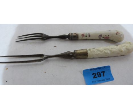 A 17th century fork with with ceramic haft and two tines, and another later example