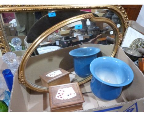 Two gilt framed mirrors, a Bretby jardiniere and an olive wood playing card box