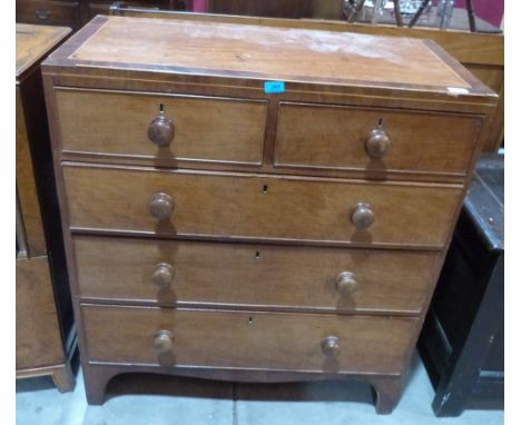A George III mahogany chest, the line inlaid and crossbanded top over two short and three long drawers on bracket feet. 36' w
