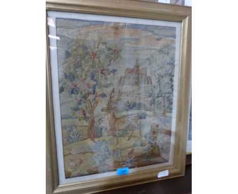 An early 19th century tapestry. Stag in a garden with distant castle. 19' x 14½'