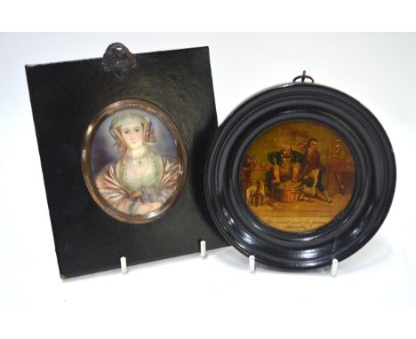 An oval portrait miniature of a 16th century lady, to/w a 19th century miniature humorous French print (2)
