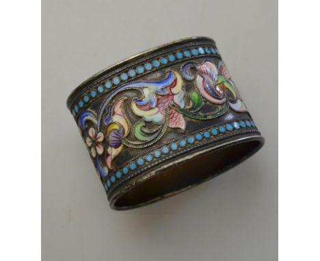 Pre-revolution Russian silver oval napkin ring having floral and foliate polychrome enamel decoration, hallmarked