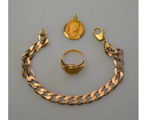 A 9ct yellow gold filed curb bracelet to/w yellow metal Madonna pendant and yellow metal Madonna ring, approx. 22 grms all in