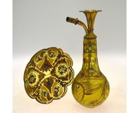 A gilt metal mounted yellow-green glass huqqa base with matching foliate stand; decorated in enamel and gilt with with floral