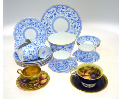 A Victorian Crown Derby part tea service decorated with a blue and white transfer print of birds in branches - 'Pembroke' pat