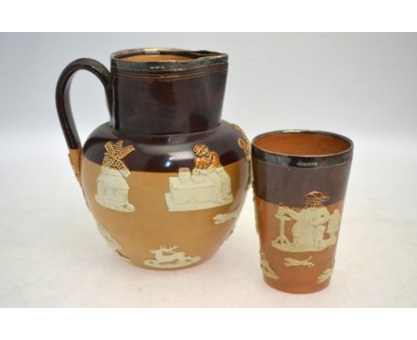 Two silver mounted, Royal Doulton glazed stonewares, comprising: a jug with silver rim (HW hallmarks for Sheffield 1903); and