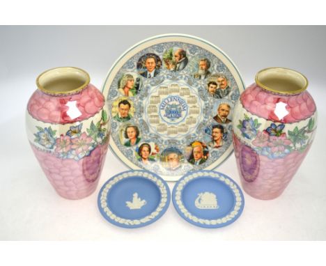 A pair of Maling lustre vases decorated with the 'Azalea' pattern, 21 cm high to/w a Wedgwood Millennium Art & Music calendar