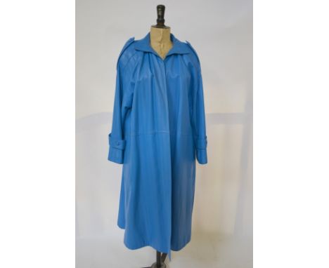 1970s leather garments by Josephine - a blue punched leather peacock blue full length coat and a dark tan punched leather ope