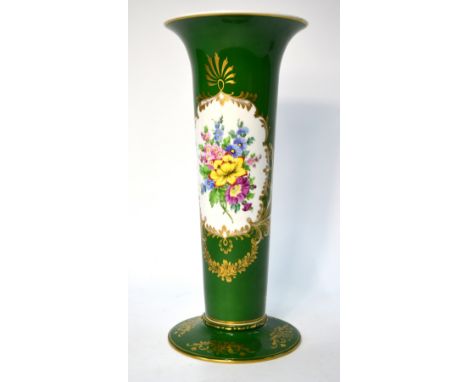 A Dresden, green-ground trumpet vase, decorated with a single panel of a floral arrangement; some gilt detail, 40 cm high; un