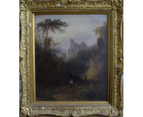 Shayer Snr attrib - Figures on a valley path with castle on hill in distance, oil on panel, 29 x 24 cm, the reverse with indi