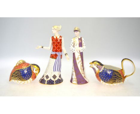 Royal Crown Derby Imari decorated milk jug in the form of a partridge, 16.5 cm long and a matching sucrier and cover to/w two